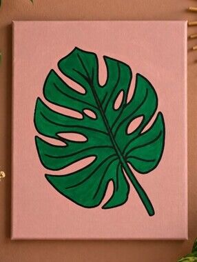 Green Monstera Leaf Wall Art on Pink Background 8x10"